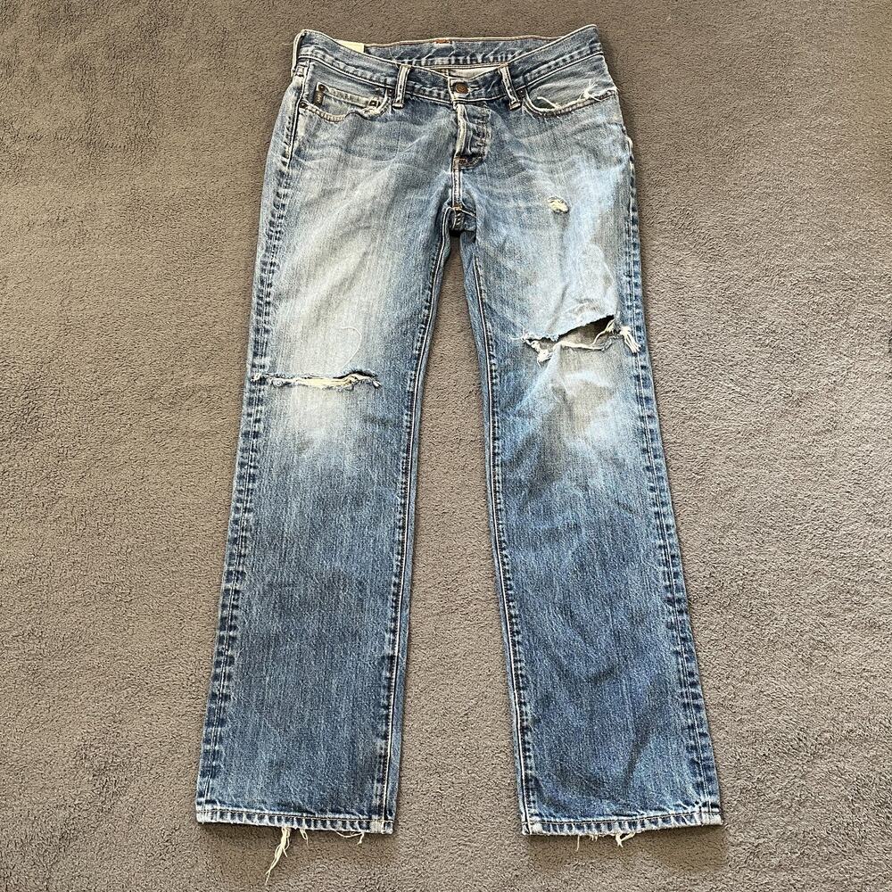 Abercrombie & Fitch Medium Blue Distressed Slim Straight Jeans Men's Size 34x32